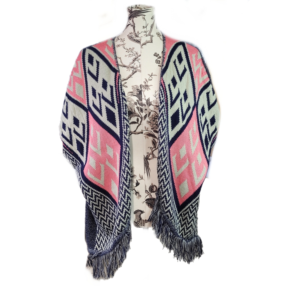 NWT Demanding by Say What Western Aztec Fringe Shawl Coral Blue Top USA
